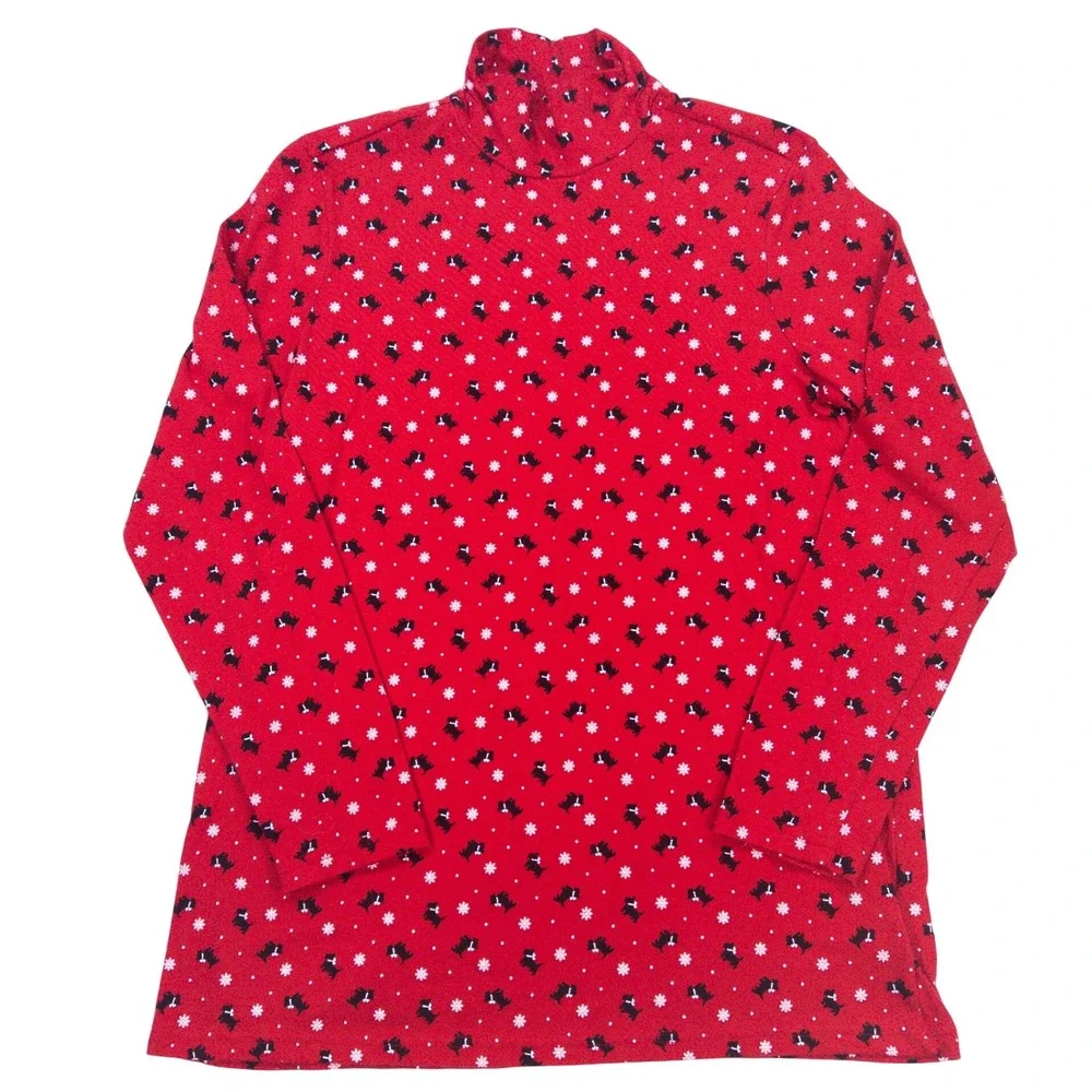 90s Womens Red Scottie Dog Print Turtleneck White Stag Long Sleeve Top L/G - Picture 2 of 8